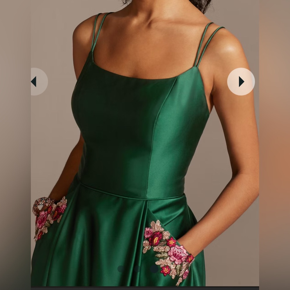 Blondie Nites Satin Dress 3 Floral Pockets Double Strap Gown Green Davids Bridal - Picture 16 of 16
